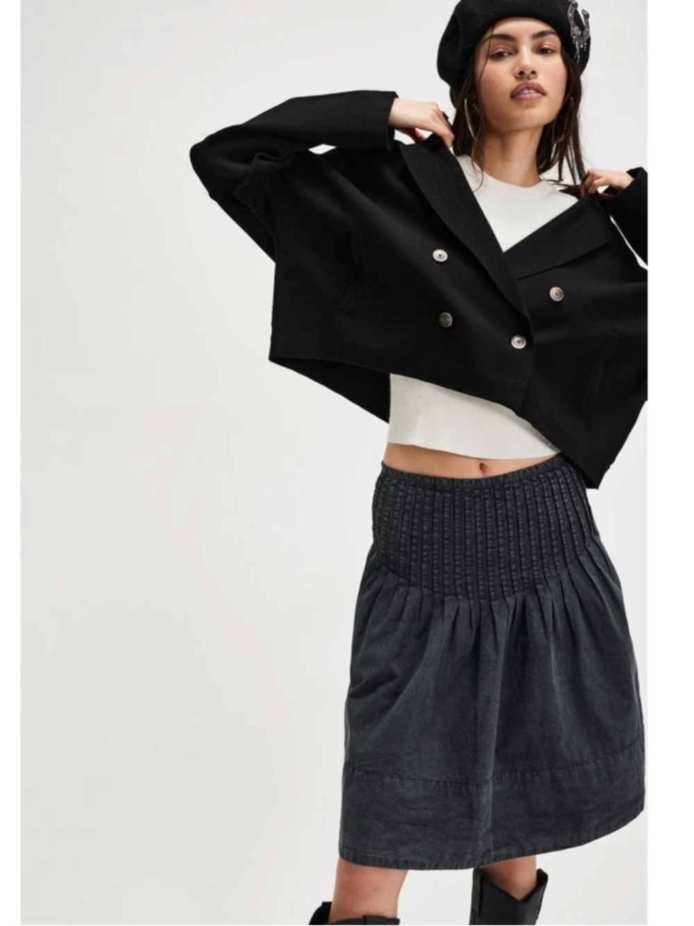 Free People Dainty Bohemian Peyton Pintuck Midi Skirt Washed Black Size 14 - Picture 3 of 16